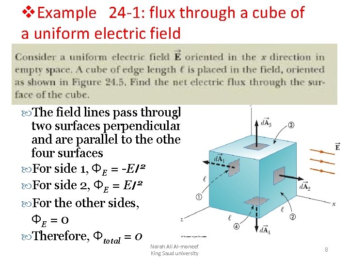 Example 24 -1: flux through a cube of a uniform electric field The Example 24 -1: flux through a cube of a uniform electric field The