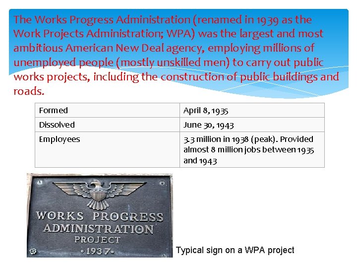 The Works Progress Administration (renamed in 1939 as the Work Projects Administration; WPA) was