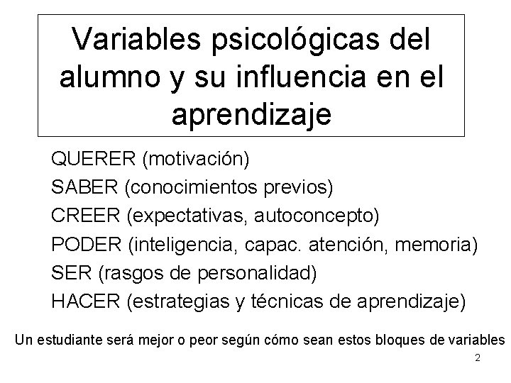 Variables psicológicas del alumno y su influencia en el aprendizaje QUERER (motivación) SABER (conocimientos