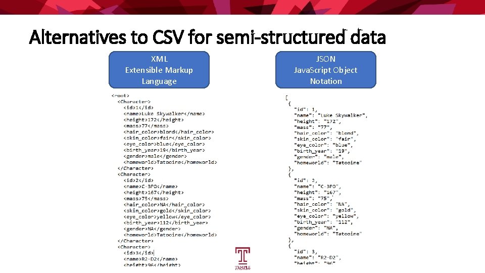 Alternatives to CSV for semi-structured data XML Extensible Markup Language JSON Java. Script Object