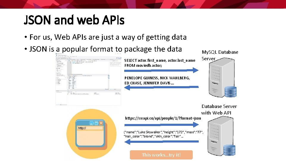 JSON and web APIs • For us, Web APIs are just a way of