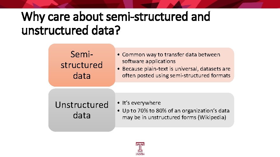 Why care about semi-structured and unstructured data? Semistructured data • Common way to transfer