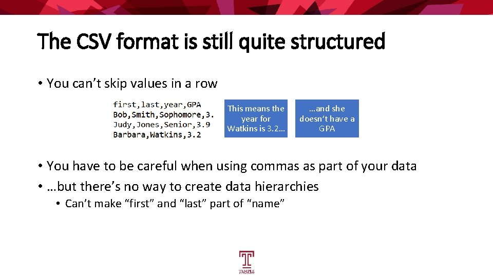 The CSV format is still quite structured • You can’t skip values in a