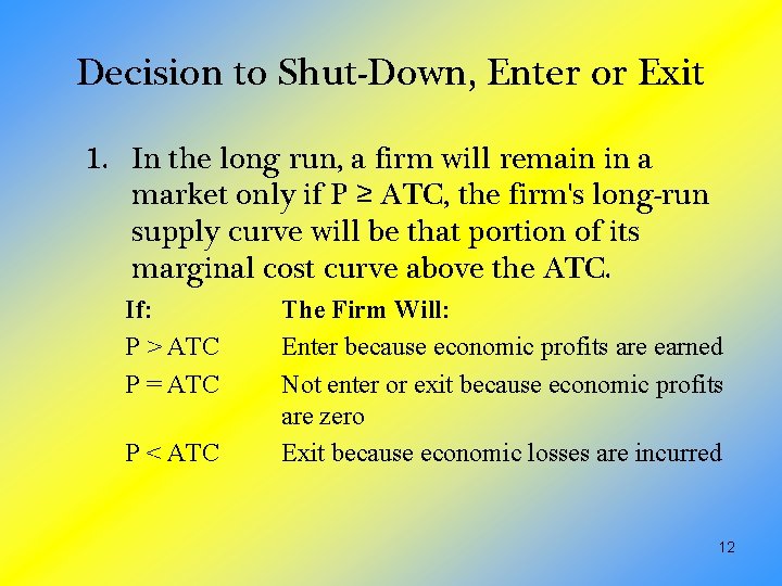 Decision to Shut-Down, Enter or Exit 1. In the long run, a firm will