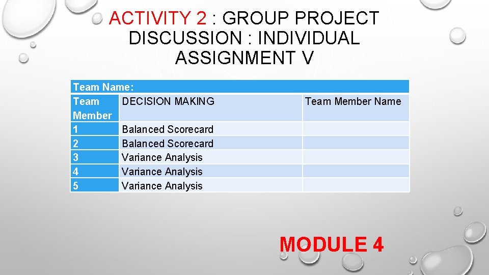 ACTIVITY 2 : GROUP PROJECT DISCUSSION : INDIVIDUAL ASSIGNMENT V Team Name: Team DECISION