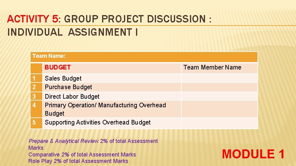 ACTIVITY 5: GROUP PROJECT DISCUSSION : INDIVIDUAL ASSIGNMENT I Team Name: BUDGET Team Member