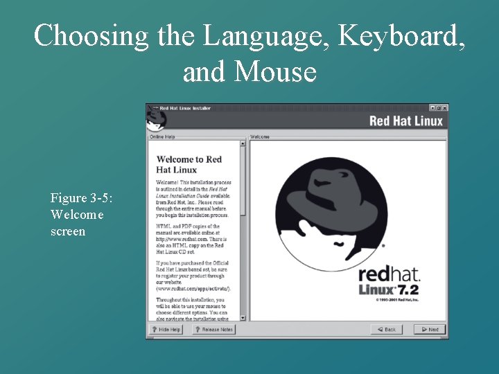 Choosing the Language, Keyboard, and Mouse Figure 3 -5: Welcome screen 