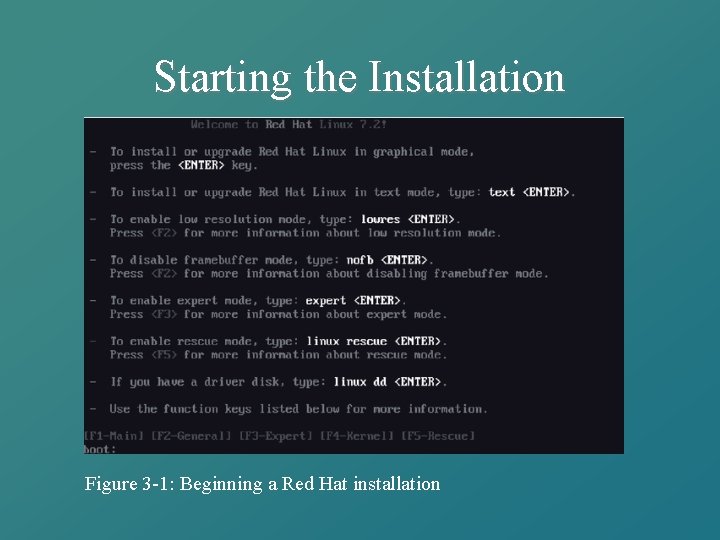 Starting the Installation Figure 3 -1: Beginning a Red Hat installation 