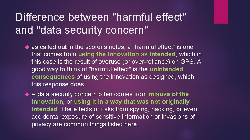Difference between "harmful effect" and "data security concern" as called out in the scorer's