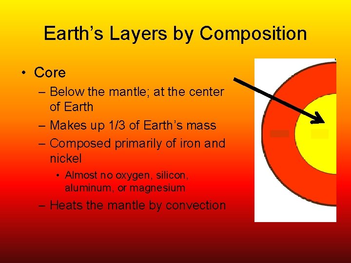 Earth’s Layers by Composition • Core – Below the mantle; at the center of