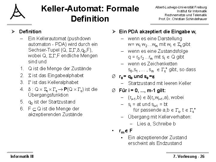 Keller-Automat: Formale Definition Ø Definition – Ein Kellerautomat (pushdown automaton - PDA) wird durch