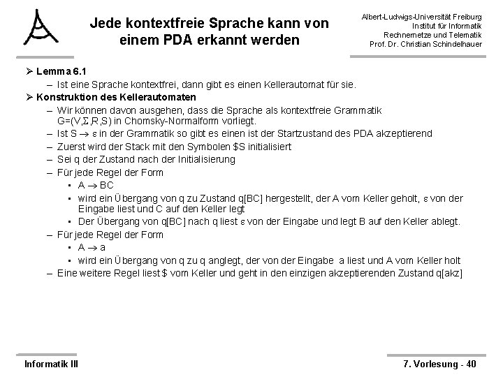 Jede kontextfreie Sprache kann von einem PDA erkannt werden Albert-Ludwigs-Universität Freiburg Institut für Informatik