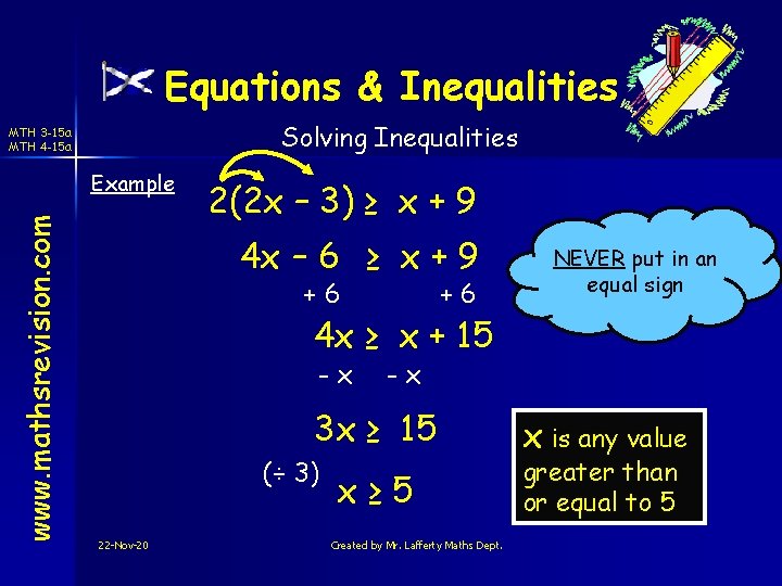 Equations & Inequalities Solving Inequalities MTH 3 -15 a MTH 4 -15 a www.