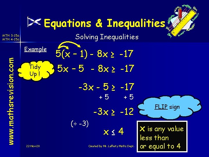 Equations & Inequalities Solving Inequalities www. mathsrevision. com MTH 3 -15 a MTH 4