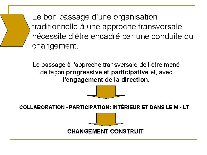 Le bon passage d’une organisation traditionnelle à une approche transversale nécessite d’être encadré par