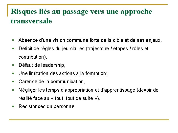 Risques liés au passage vers une approche transversale § Absence d’une vision commune forte