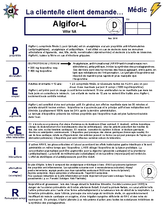 La cliente/le client demande… Médic Vu Algifor-L Vifor SA Rév. 2010 P propriétés Algifor-L