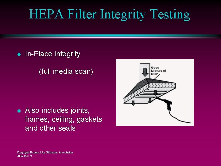 HEPA Filter Integrity Testing l In-Place Integrity (full media scan) l Also includes joints, HEPA Filter Integrity Testing l In-Place Integrity (full media scan) l Also includes joints,