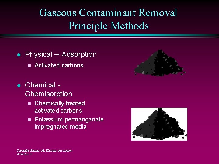 Gaseous Contaminant Removal Principle Methods l Physical – Adsorption n l Activated carbons Chemical