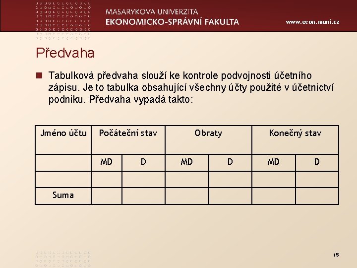 www. econ. muni. cz Předvaha n Tabulková předvaha slouží ke kontrole podvojnosti účetního zápisu.