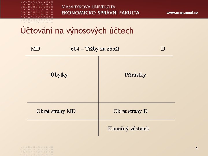 www. econ. muni. cz Účtování na výnosových účtech MD 604 – Tržby za zboží