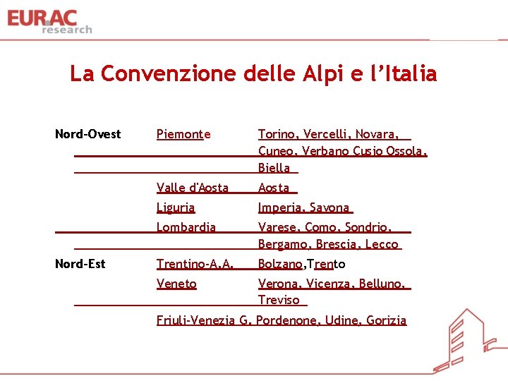 La Convenzione delle Alpi e l’Italia Nord-Ovest Nord-Est Piemonte Torino, Vercelli, Novara, Cuneo, Verbano