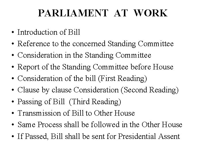 PARLIAMENT AT WORK • • • Introduction of Bill Reference to the concerned Standing