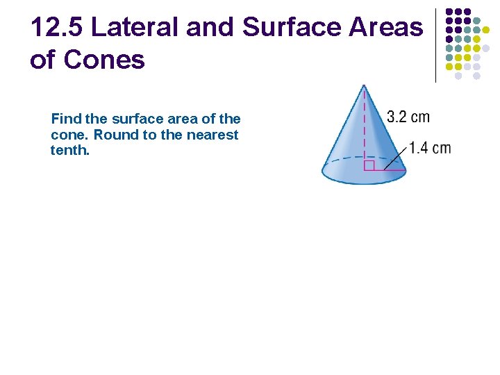 12. 5 Lateral and Surface Areas of Cones Find the surface area of the