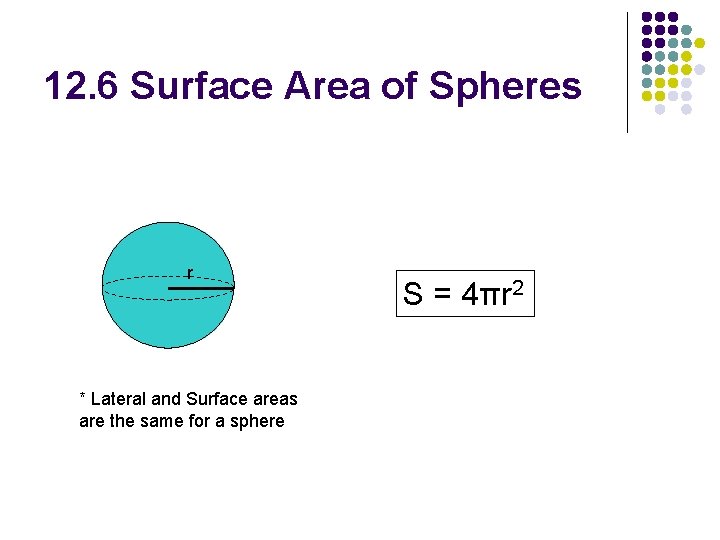 12. 6 Surface Area of Spheres r * Lateral and Surface areas are the