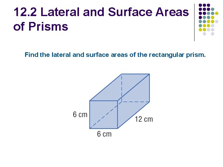 12. 2 Lateral and Surface Areas of Prisms Find the lateral and surface areas