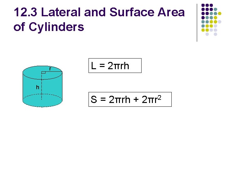 12. 3 Lateral and Surface Area of Cylinders r L = 2πrh h S