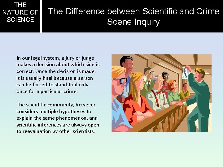 THE NATURE OF SCIENCE The Difference between Scientific and Crime Scene Inquiry In our
