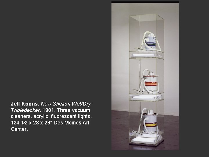 Jeff Koons, New Shelton Wet/Dry Tripledecker, 1981. Three vacuum cleaners, acrylic, fluorescent lights. 124
