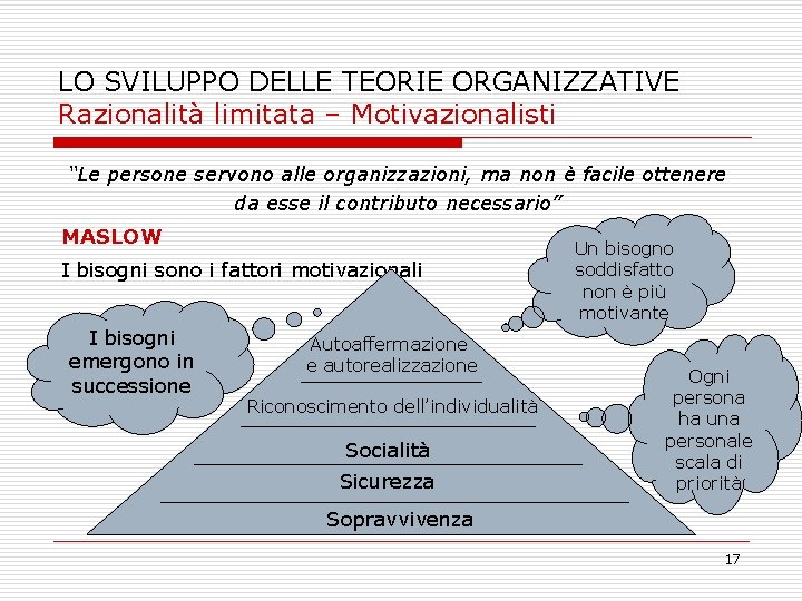 LO SVILUPPO DELLE TEORIE ORGANIZZATIVE Razionalità limitata – Motivazionalisti “Le persone servono alle organizzazioni,