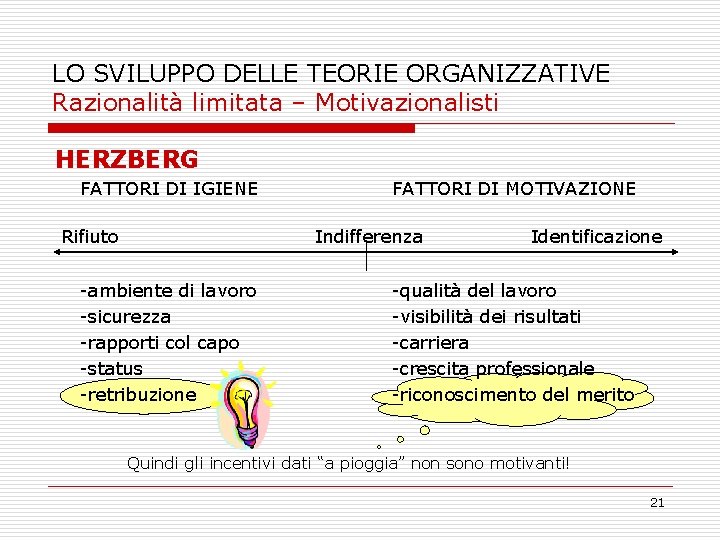 LO SVILUPPO DELLE TEORIE ORGANIZZATIVE Razionalità limitata – Motivazionalisti HERZBERG FATTORI DI IGIENE Rifiuto