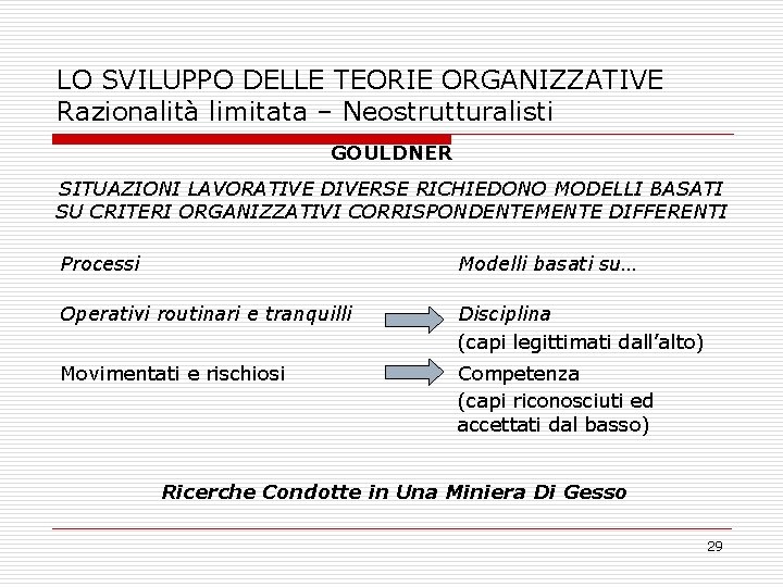 LO SVILUPPO DELLE TEORIE ORGANIZZATIVE Razionalità limitata – Neostrutturalisti GOULDNER SITUAZIONI LAVORATIVE DIVERSE RICHIEDONO