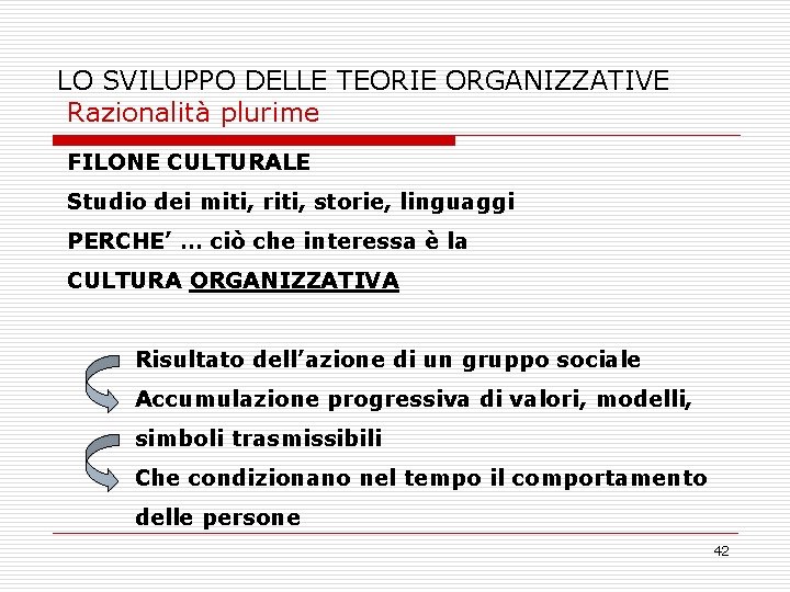 LO SVILUPPO DELLE TEORIE ORGANIZZATIVE Razionalità plurime FILONE CULTURALE Studio dei miti, riti, storie,