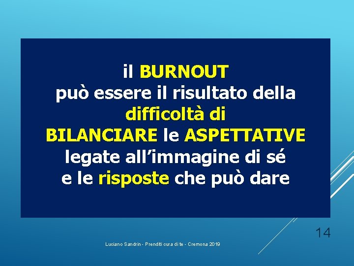 il BURNOUT può essere il risultato della difficoltà di BILANCIARE le ASPETTATIVE legate all’immagine il BURNOUT può essere il risultato della difficoltà di BILANCIARE le ASPETTATIVE legate all’immagine