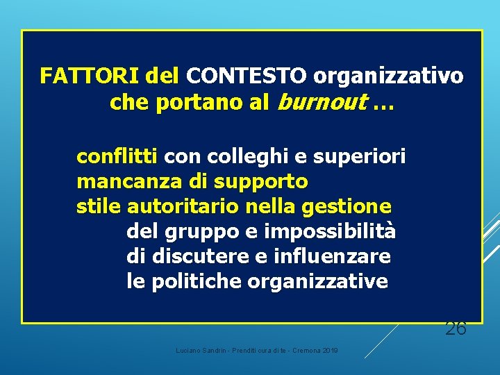 FATTORI del CONTESTO organizzativo che portano al burnout … conflitti con colleghi e superiori FATTORI del CONTESTO organizzativo che portano al burnout … conflitti con colleghi e superiori
