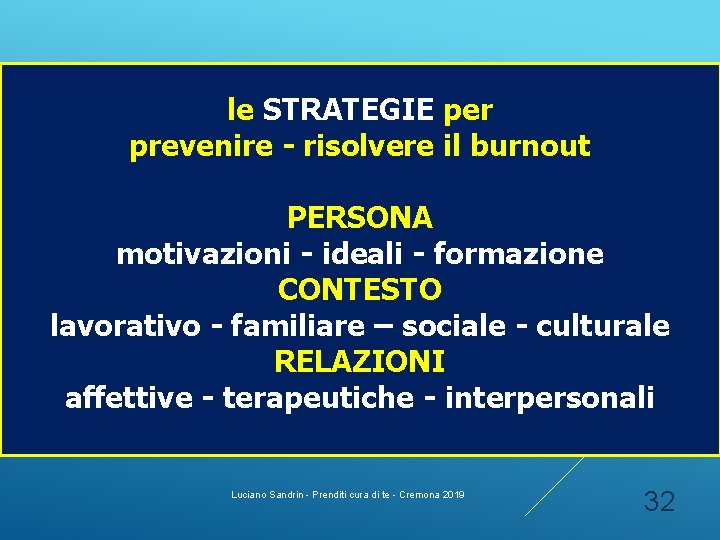 le STRATEGIE per prevenire - risolvere il burnout PERSONA motivazioni - ideali - formazione le STRATEGIE per prevenire - risolvere il burnout PERSONA motivazioni - ideali - formazione