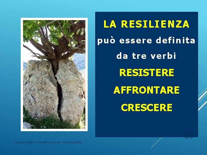 LA RESILIENZA p uò essere definita da tre ve rbi RESISTERE AFFRONTARE CRESCERE 63 LA RESILIENZA p uò essere definita da tre ve rbi RESISTERE AFFRONTARE CRESCERE 63
