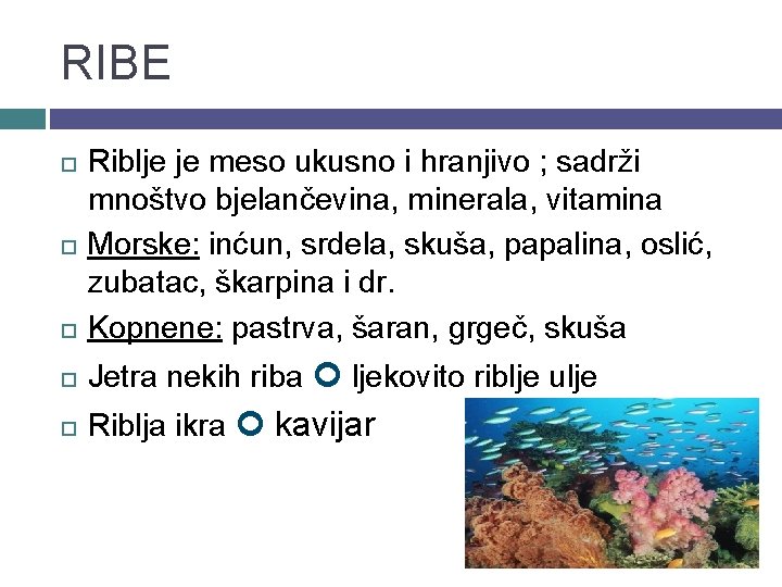 RIBE Riblje je meso ukusno i hranjivo ; sadrži mnoštvo bjelančevina, minerala, vitamina Morske: