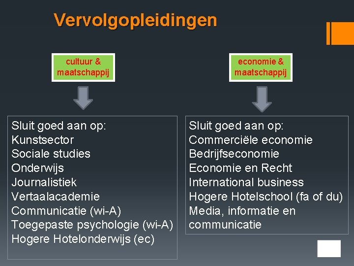 Vervolgopleidingen cultuur & maatschappij Sluit goed aan op: Kunstsector Sociale studies Onderwijs Journalistiek Vertaalacademie