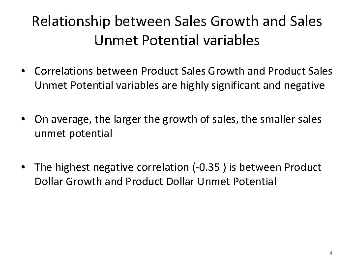 Relationship between Sales Growth and Sales Unmet Potential variables • Correlations between Product Sales