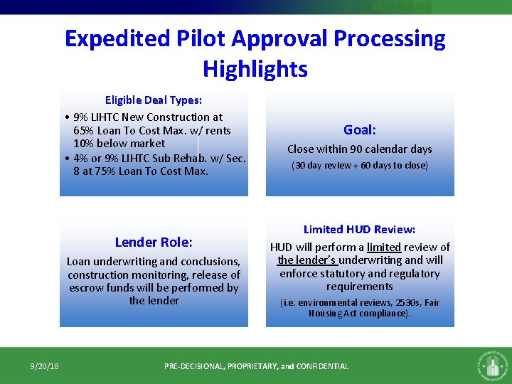 Expedited Pilot Approval Processing Highlights Eligible Deal Types: • 9% LIHTC New Construction at Expedited Pilot Approval Processing Highlights Eligible Deal Types: • 9% LIHTC New Construction at