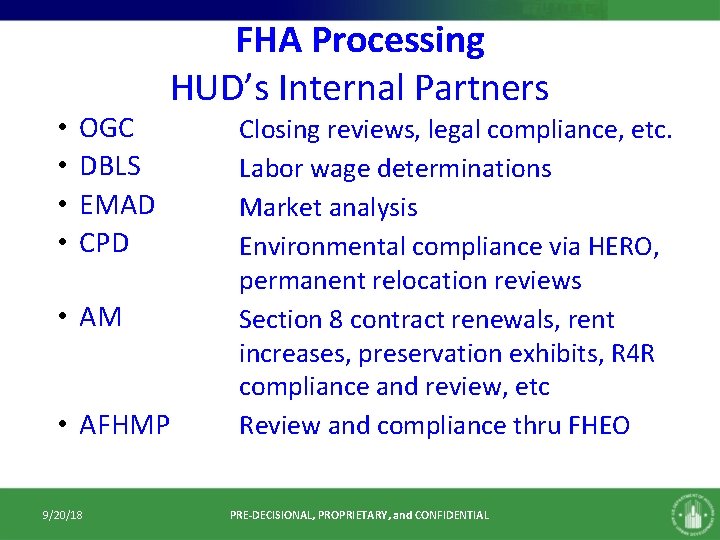 • • OGC DBLS EMAD CPD FHA Processing HUD’s Internal Partners • AM • • OGC DBLS EMAD CPD FHA Processing HUD’s Internal Partners • AM