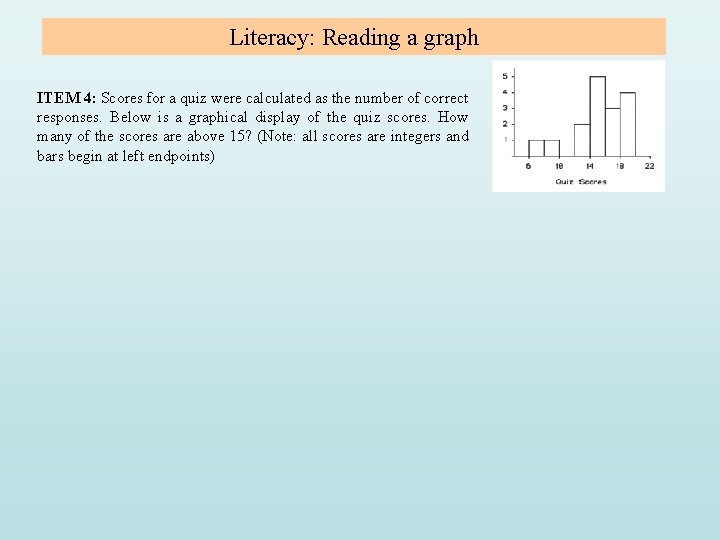 Literacy: Reading a graph ITEM 4: Scores for a quiz were calculated as the Literacy: Reading a graph ITEM 4: Scores for a quiz were calculated as the