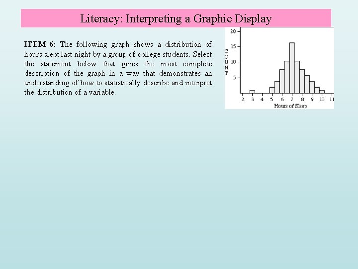 Literacy: Interpreting a Graphic Display ITEM 6: The following graph shows a distribution of Literacy: Interpreting a Graphic Display ITEM 6: The following graph shows a distribution of