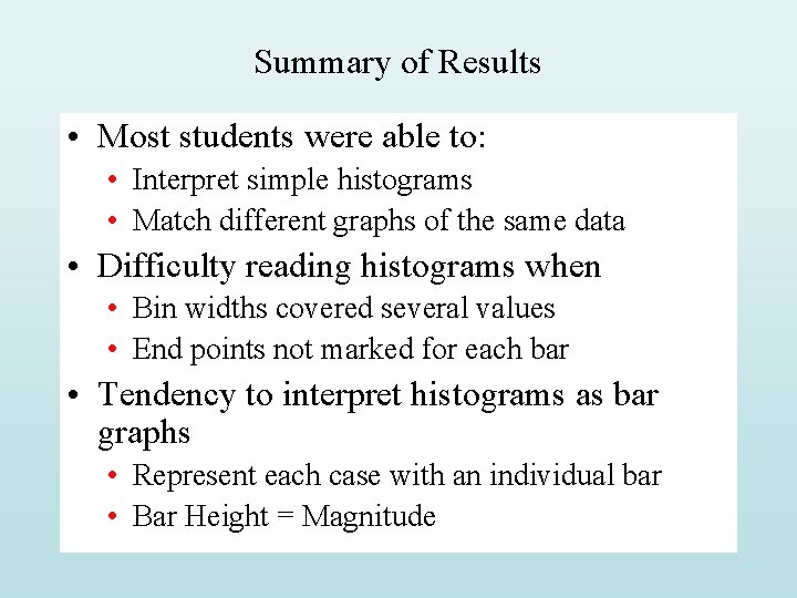 Summary of Results • Most students were able to: • Interpret simple histograms • Summary of Results • Most students were able to: • Interpret simple histograms •