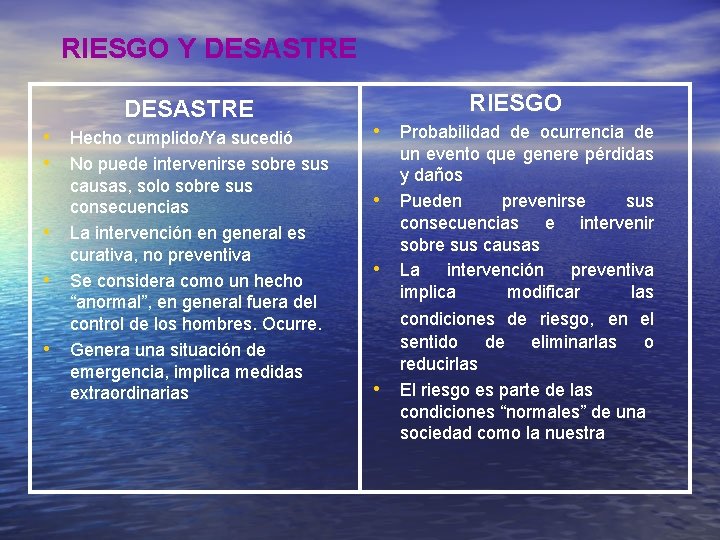 RIESGO Y DESASTRE • Hecho cumplido/Ya sucedió • No puede intervenirse sobre sus •